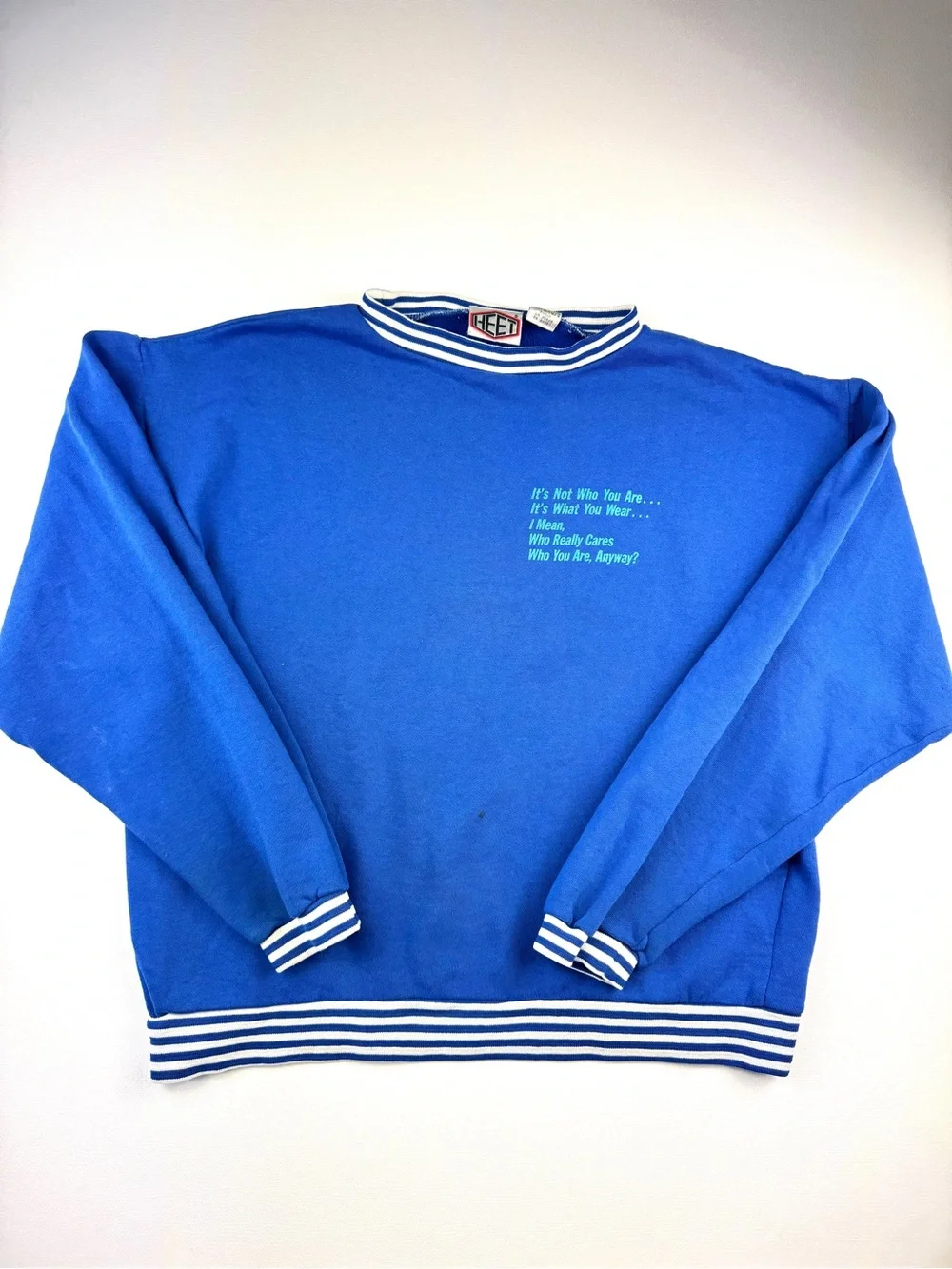 Vintage Chill Out Graphic Varsity Crewneck Sweatshirt Striped Blue Cuffs 1980s